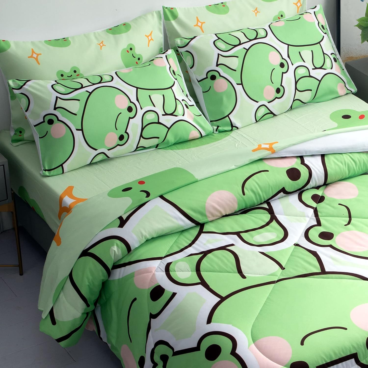 81sWu6tJFiL._AC_SL1500_.jpg MUSOLEI 7 Piece Frog Comforter Set Frog Bedding for Kids Boys and Girls Frog sheets set Frog Bedding set Twin Size Bedding Sets for All Season (1 Comforter, 1 Flat Sheet, 1 Fitted Sheet, 4 Pillowcase)