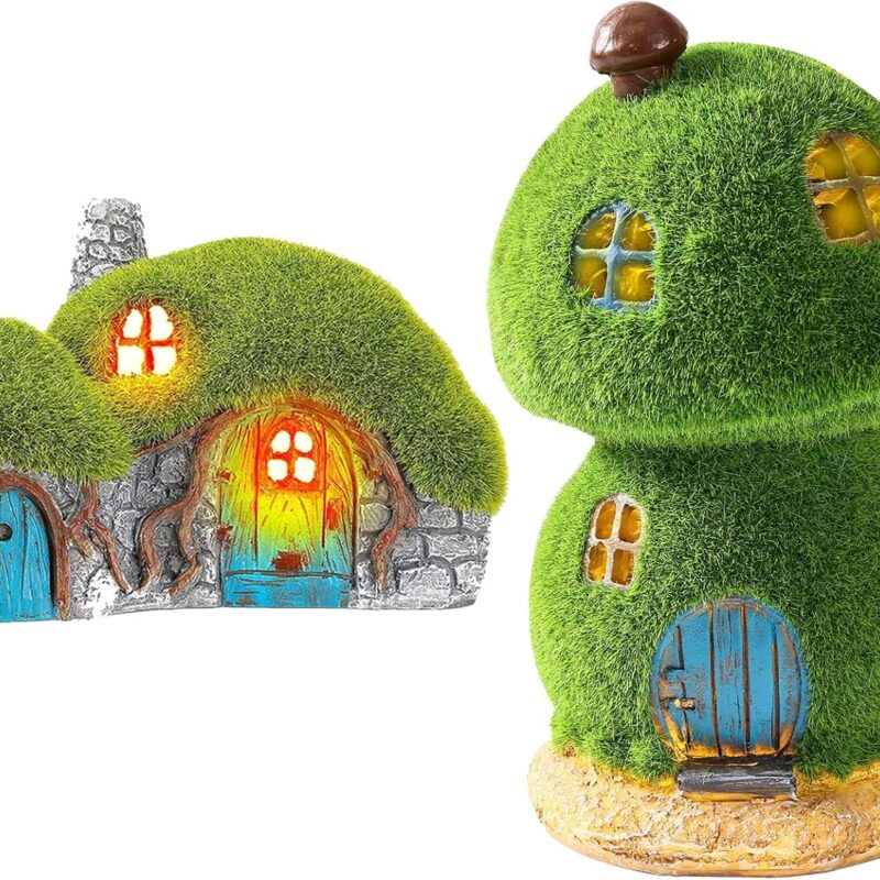 Outdoor Figurine Lights Garden House Statue and Mushroom Fairy House Decor Outdoor Statues with Solar Lights Garden for Patio Lawn Yard Ornaments, Housewarming Gift