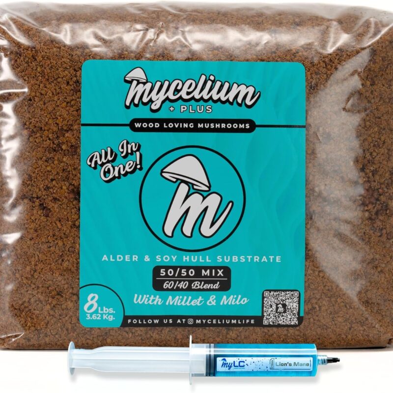 Gourmet Functional Alder & Soy Hull Blend with Mycelium Plus Grains - Milo/Millet 60/40-8lbs Combo | Lions Mane Gourmet - 8LBS All-in-One & 20ML Syringe