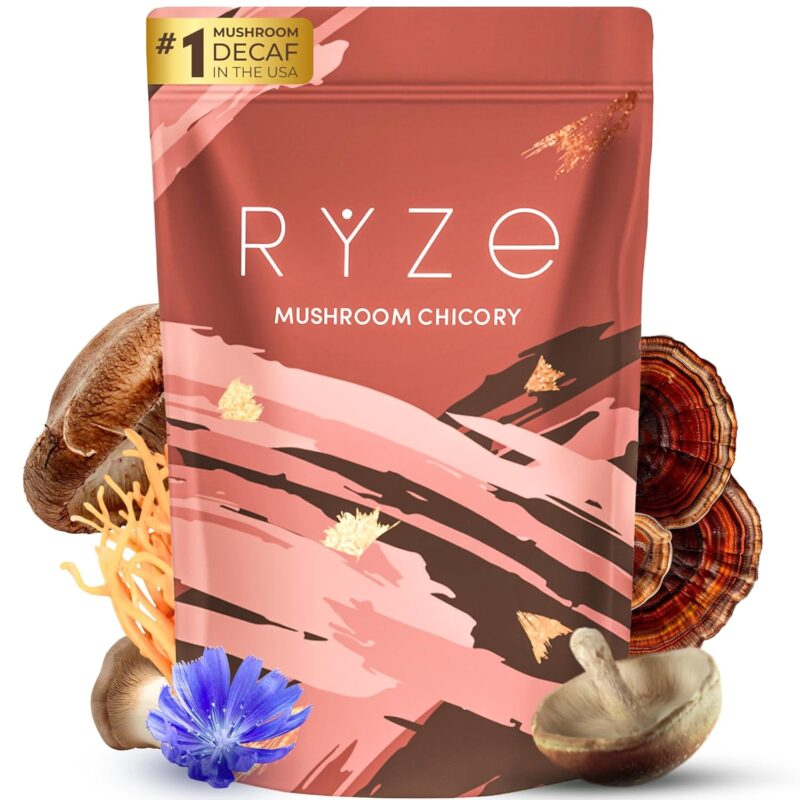 RYZE Mushroom Chicory | 6 Organic Adaptogenic Mushrooms | Caffeine Free | Keto | Chicory root | Energy, Focus, Digestion, Immunity | Cordyceps, Lion’s Mane, Shiitake, Reishi, Turkey Tail | 30 servings