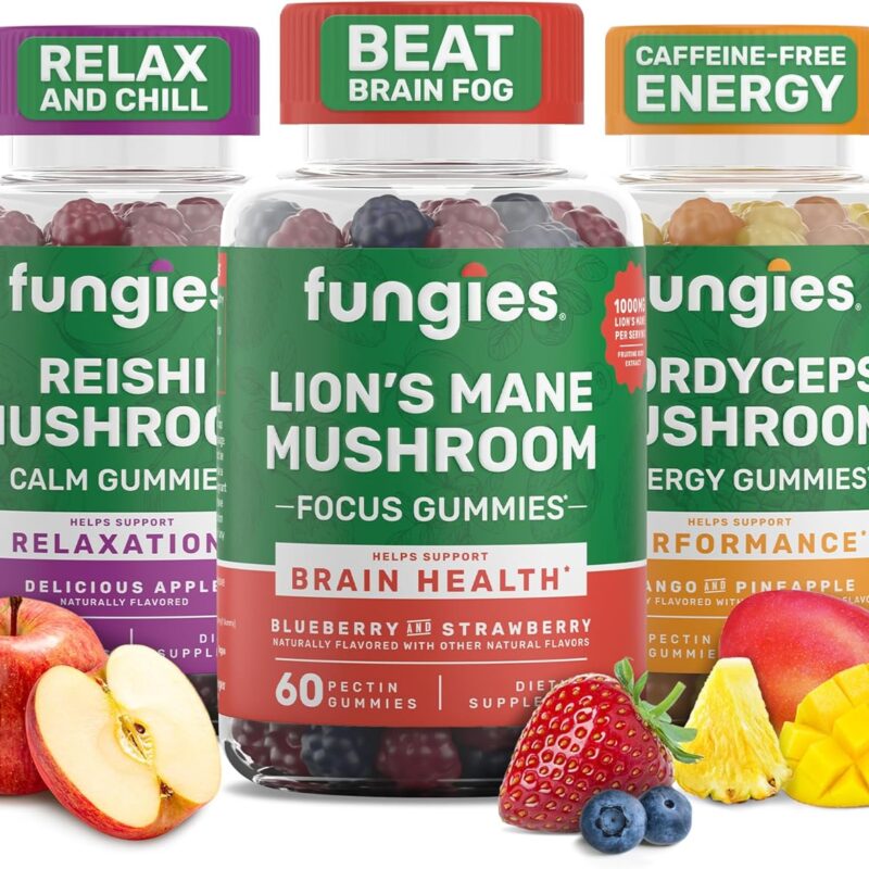 Fungies Mushroom Gummy 3-Pack Bundle, Lion's Mane, Cordyceps & Reishi Gummies for Adults - Mushroom Gummies Supports Brain Health, Gut Health, Energy & Daily Wellness - 180 Servings