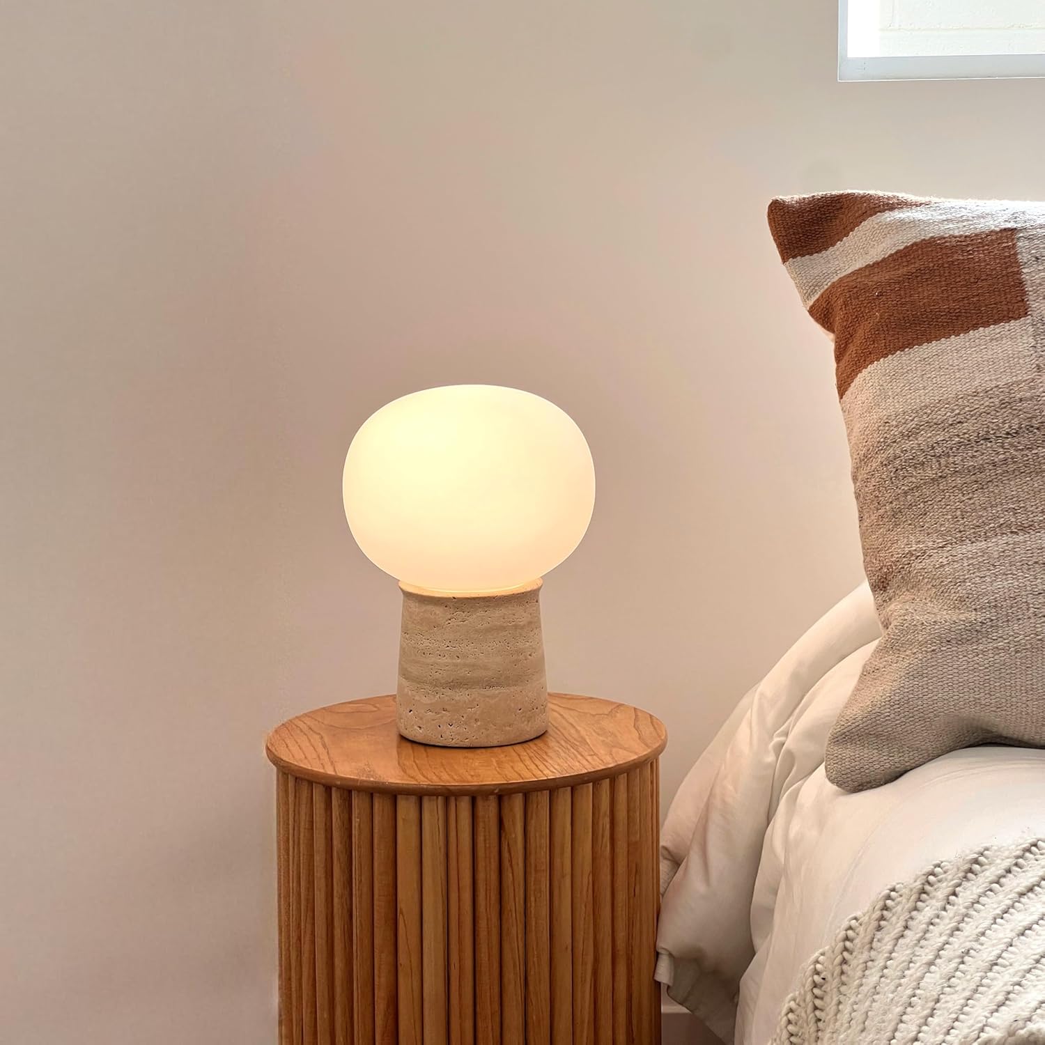 81w6MrhAWAL._AC_SL1500_.jpg Brightech Neptune LED Table Lamp - Modern Mushroom Style Lamp with Natural Base, Glass Globe Lampshade for Bedroom, Living Room, Bedside - 2700k Dimmable Soft White Light at Side Table, End Table - Image 3