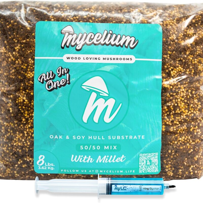 Mycelium’s King Oyster Gourmet Mushroom Kit | 8LBS Oak & Soy Hull with Millet Blend | 20ML Liquid Culture Syringe | All-in-One Complete Cultivation Kit | Pre-Sterilized - Home Growing Made Easy