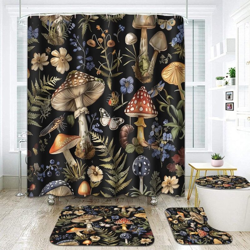 Vintage Mushroom Bathroom Set- Botanical Fern Forest Plants 4PCS Shower Curtain Sets Accessories with Non-Slip Rug, Toilet Lid Cover, Bath Mat-72x72in-Boho Curtains-Home Decor Women Gifts