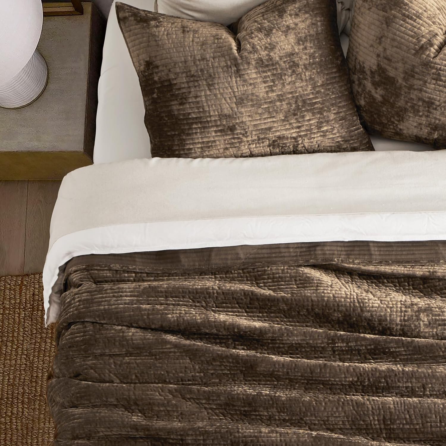 81xaa8wFPL._AC_SL1500_.jpg EVERGRACE Velvet Quilt Set Queen Size, Luxurious Soft Velvet Bedding Sets, Lightweight Velvet Comforter for All Season, Striped Channel Bedspread Coverlet with 2 Shams, Mushroom Brown - Image 4