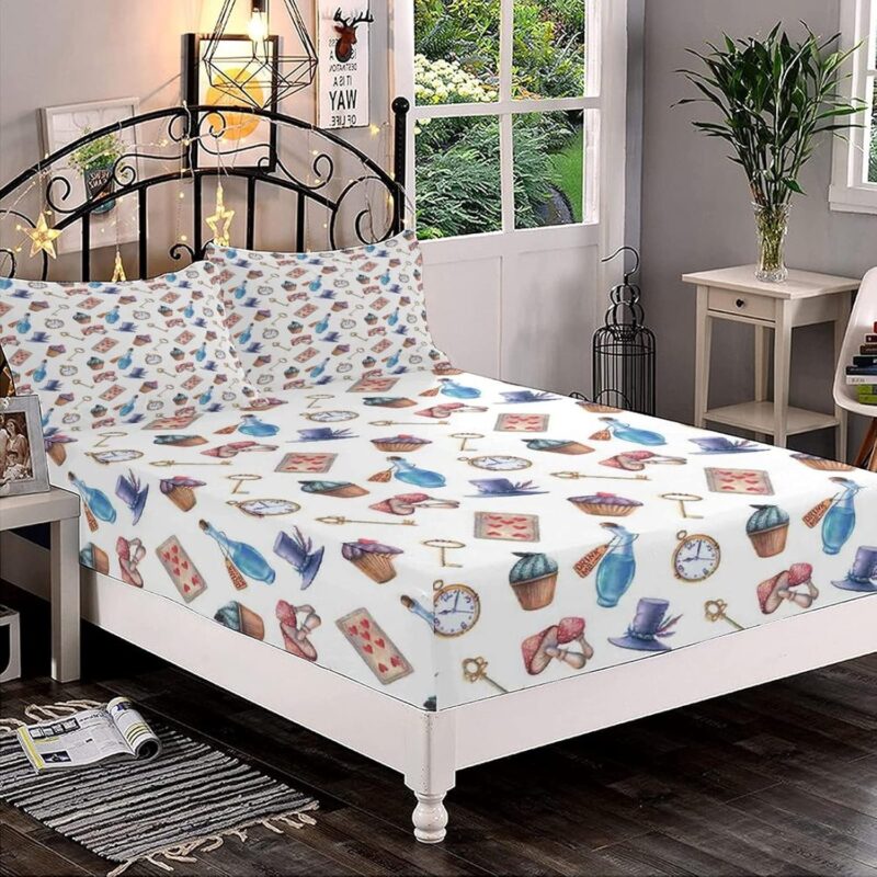 Decorative Fitted Sheet Set Queen Size, Cartoon Fitted Sheet & 2 Pillow Sham Set(No Flat Sheet), Cupcakes Mushrooms and Bottles Hanging in Sky Magical Dessert Printed Microfiber Bedding 3pc Set
