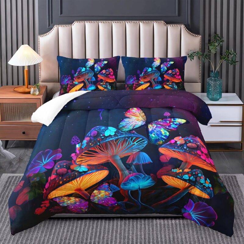 Mushroom Bedding Set King,Black Mushroom King Comforter Set,King Bed Comforter Set Cute Black,Boho Mushroom Bedroom Decor,King Bedding Sets Hippie,Black Gothic King Comforter Set