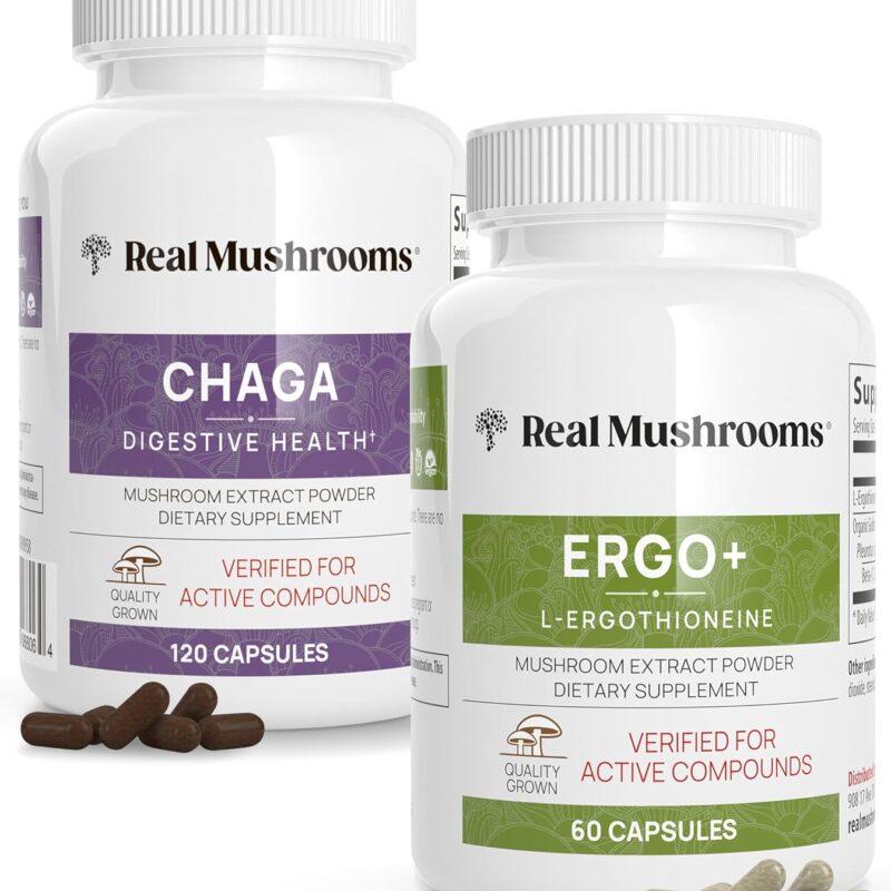 Real Mushrooms Ergothioneine (60ct) and Chaga (120ct) Bundle with Shiitake and Oyster Mushroom Extract - Longevity, Digestive Health - Vegan, Gluten Free, Non-GMO - Natural Support for Healthy Aging