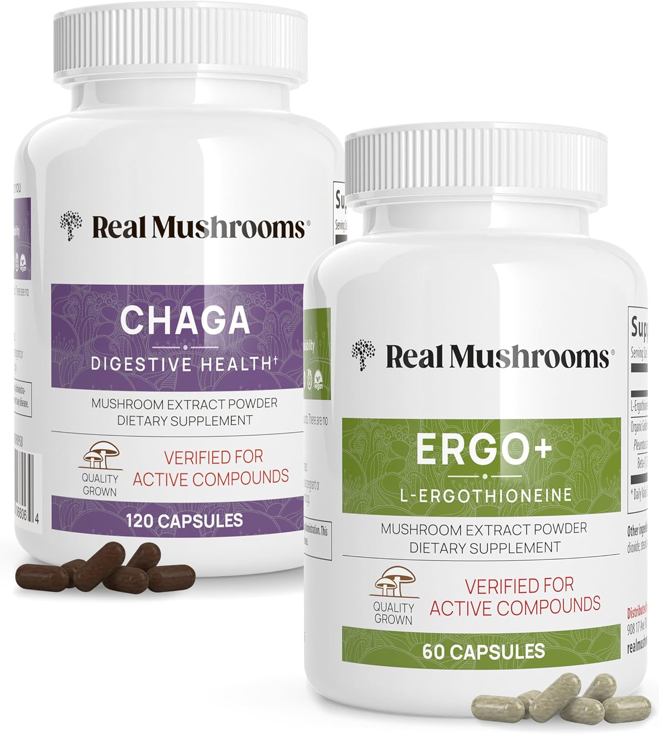 81yPMXSok3L._AC_SL1500_.jpg Real Mushrooms Ergothioneine (60ct) and Chaga (120ct) Bundle with Shiitake and Oyster Mushroom Extract - Longevity, Digestive Health - Vegan, Gluten Free, Non-GMO - Natural Support for Healthy Aging