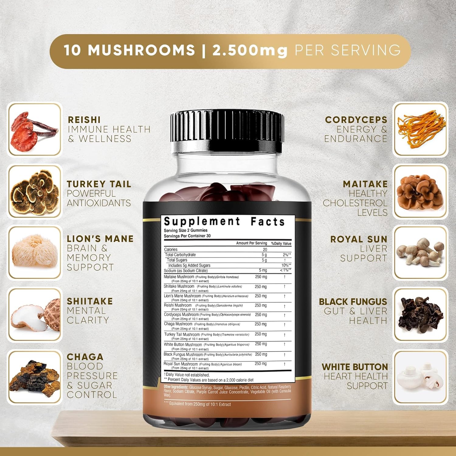 81ySJvYVPL._AC_SL1500_.jpg Mushroom Gummies | 10 Mushroom Supplement | 2500mg | Turkey Tail, Chaga, Reishi, Cordyceps & Lions Mane Organic Mushroom Extracts, Nootropic Brain Booster (180 Count (Pack of 3)) - Image 2