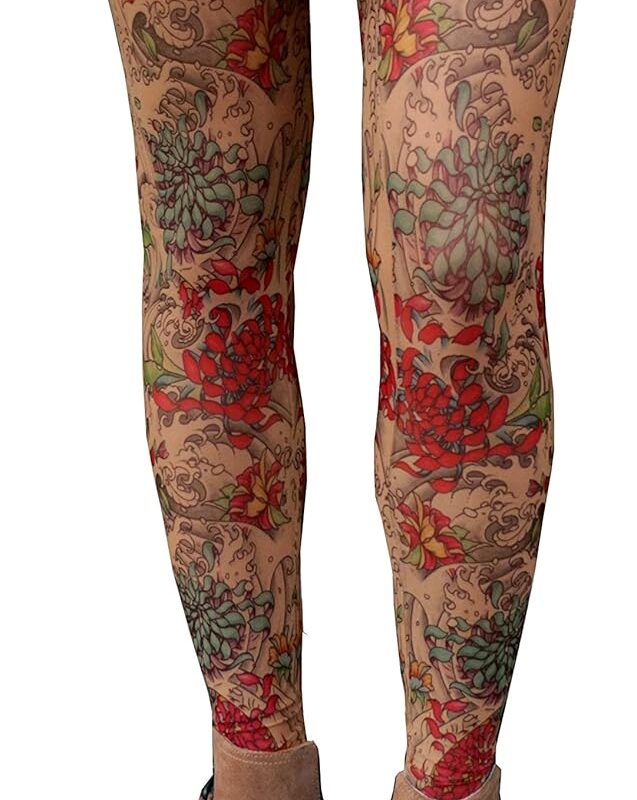 Wild Rose Ladies MUMS Tattoo Mesh Leggings Chrysanthemum Red Flowers, Tan
