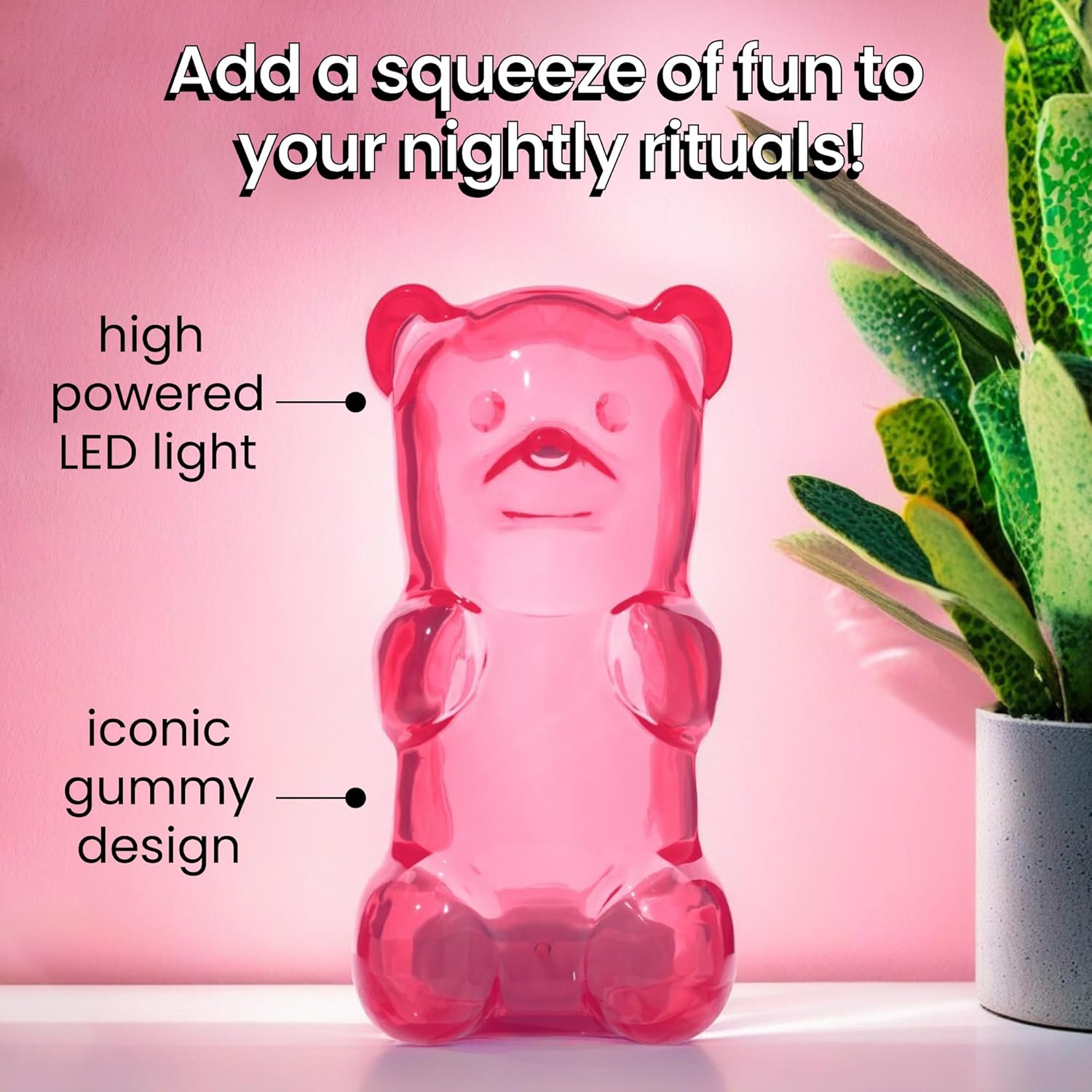 81zVaLFG-eL._AC_SL1500_.jpg Gummygoods Squeezable Gummy Bear Night Light - Rechargeable, Portable, Squishy Lamp, 60-Min Sleep Timer - Christmas Gift for Kids & Adults, Baby Nursery, and Dorm Rooms - (Pink) - Image 6