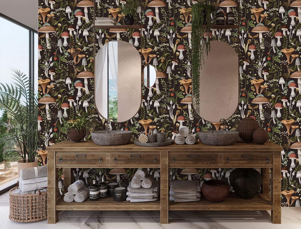 81zy2TBLo9L._AC_SL1200_.jpg HAOKHOME Peel and Stick Wallpaper Boho Mushroom Removable Stick on Forest Contact Paper for Bathroom Black/Brown/Green 17.7in x 32.8ft - Image 3