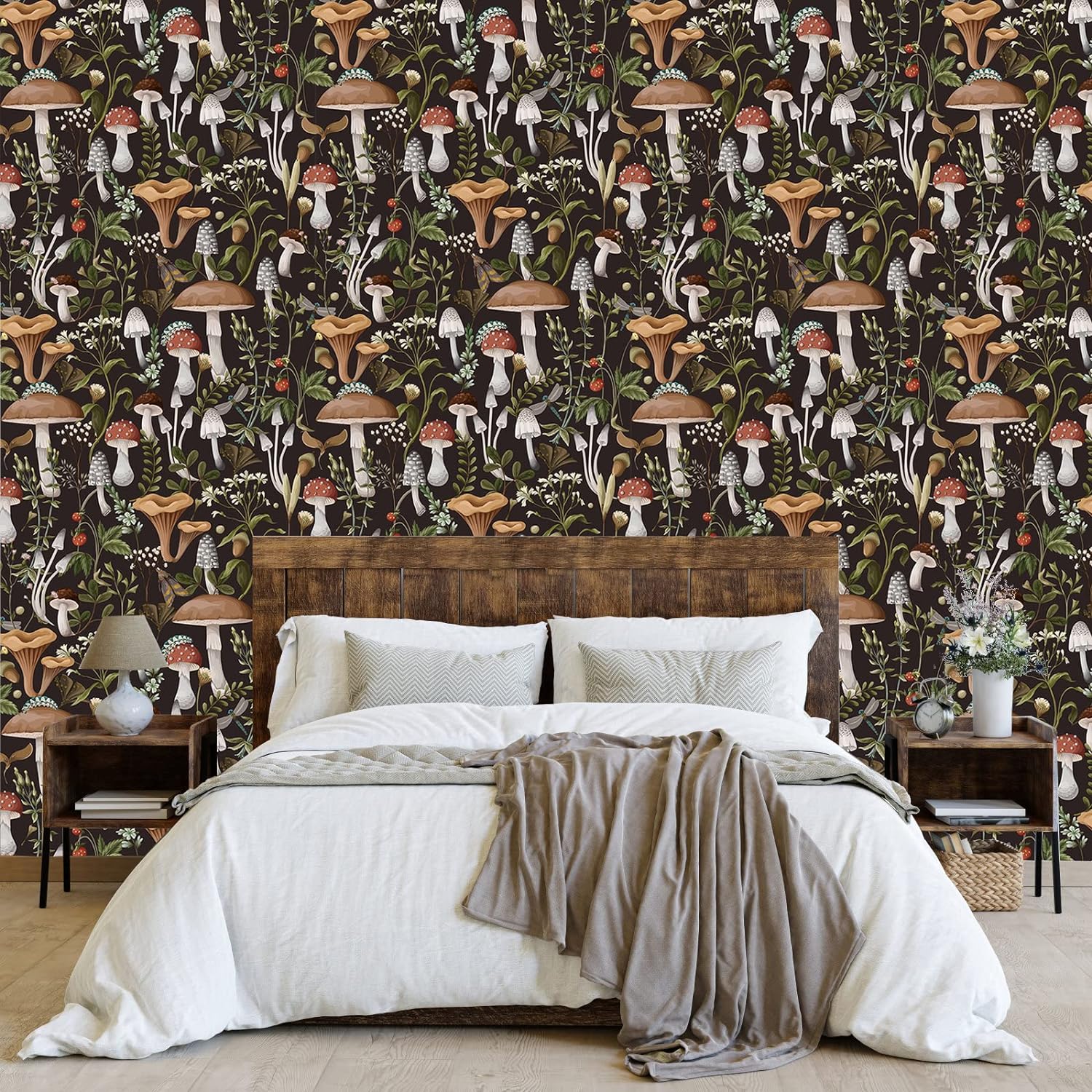 916pP4jMaL._AC_SL1500_.jpg HAOKHOME Peel and Stick Wallpaper Boho Mushroom Removable Stick on Forest Contact Paper for Bathroom Black/Brown/Green 17.7in x 32.8ft - Image 2