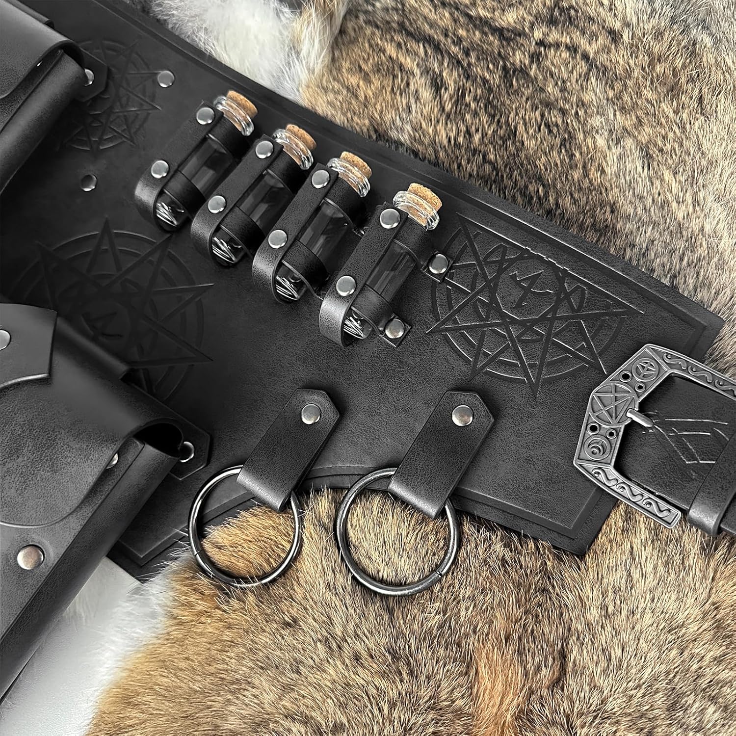 919xUZw-20L._AC_SL1500_.jpg HiiFeuer 4 PCs Medieval Alchemy Belt Costume, Fantasy Faux Leather Wizard Potion Holder Belt with 4 Cork Vials and Belt Bag - Image 4