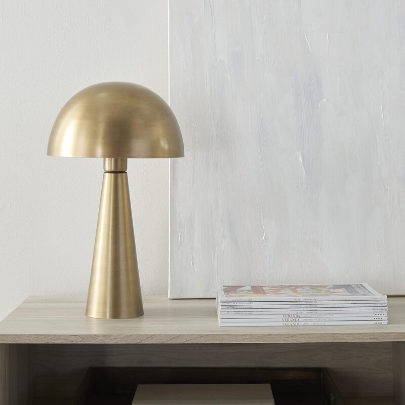 Nourison 16" Antique Gold Metal Mushroom Table Lamp, Modern, Retro, Desk Light for Bedroom, Dining, Office, Entryway