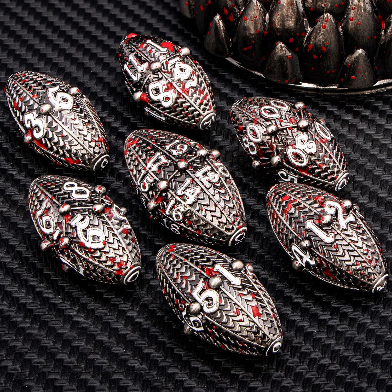 91OPd999mHL._AC_SL1500_.jpg ARUOHHA DND Metal Dice Blood Splatter Dragon Egg Dice with Rotating Dragon Egg Shell, Dungeons and Dragons Role Playing Game RPG D&D Dice Polyhedral D and D Dice Set D20 D12 D10 D8 D6 D4 - Image 6