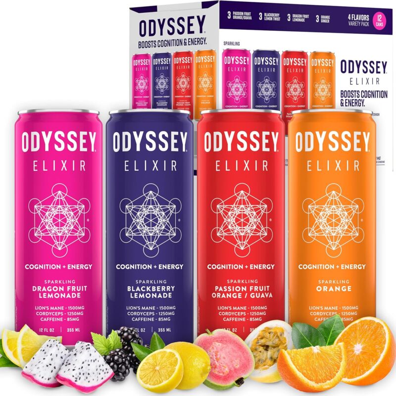 Odyssey Elixir Cognition + Sustainable Energy - Lion's Mane, Cordyceps, L Theanine, Ginseng & 85mg Green Tea Caffeine - 0 Added Sugar - No Jitters or Crash -Variety Pack - 12 Fl oz, 12 Pack