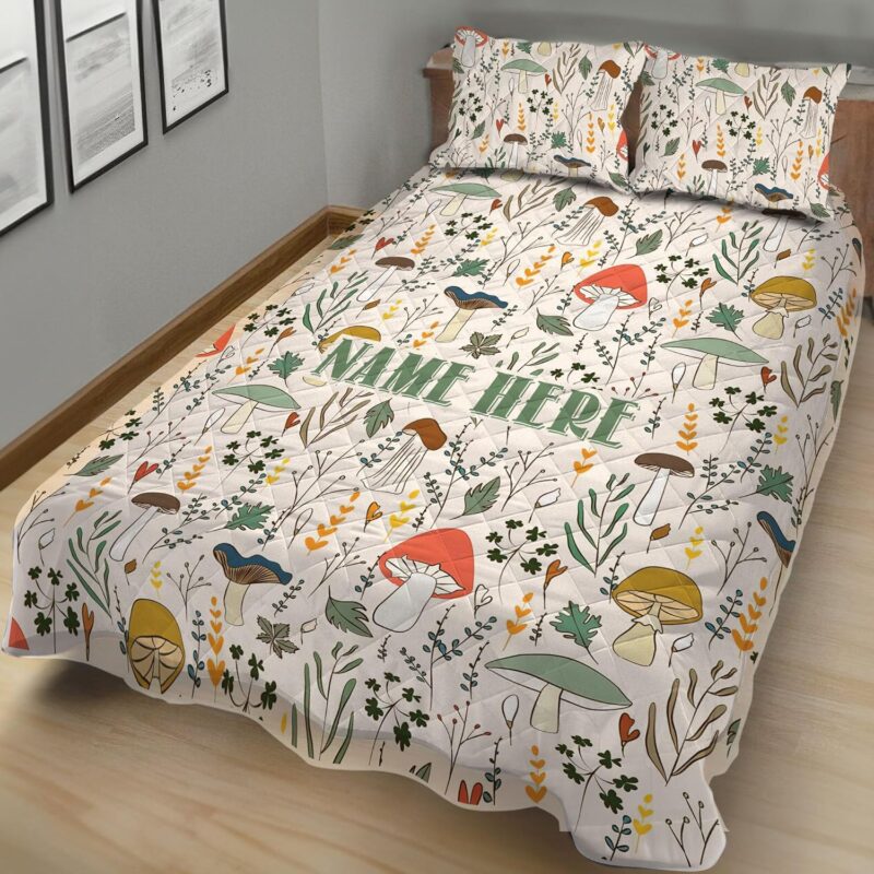 Personalized Mushroom Quilt Set, Vintage Mushroom Quilt Blanket & Pillowcases, Custom Name Quilt Bedding Set, Gift for Her, Mushroom Lover MLANH0183