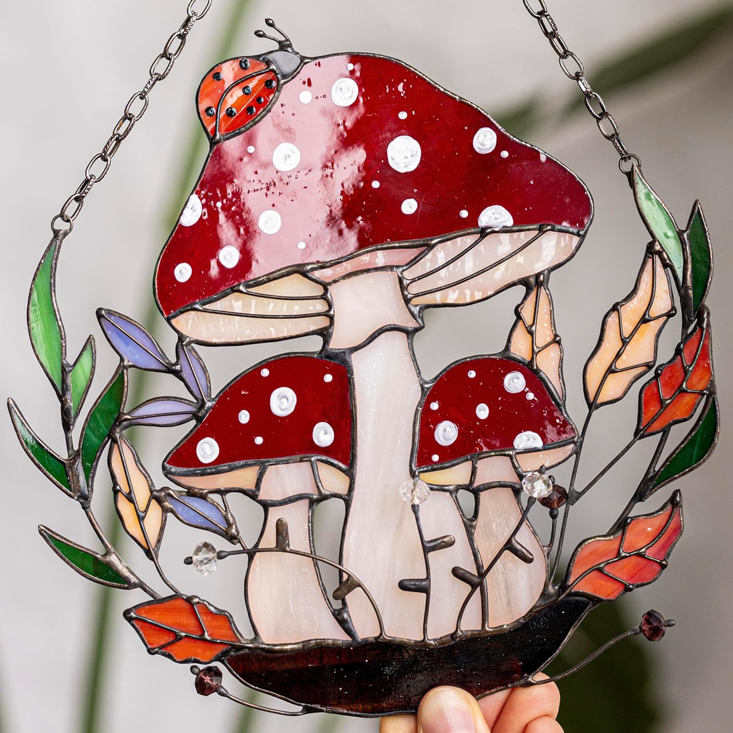 91XX-6zFGoL._SL1500_.jpg Red Stained Glass Hanging Agaric Mushroom Window Home Decor, Mushroom Sun Catcher, Real Glass Panel, Nature Inspired Decor, Patio Garden Hanging Decor, Agaric Sun Catcher, Stained Glass Mushroom - Image 5