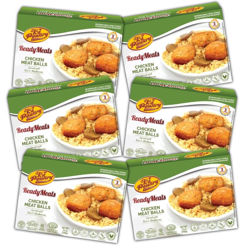 KJ Poultry Kosher Ready Meals - Chicken Meat Balls & Mushrooms, MRE Meat Meals Ready to Eat (6 Pack) Prepared Entree Fully Cooked, Shelf Stable Microwave Dinner, Travel, Military, Camping, Survival