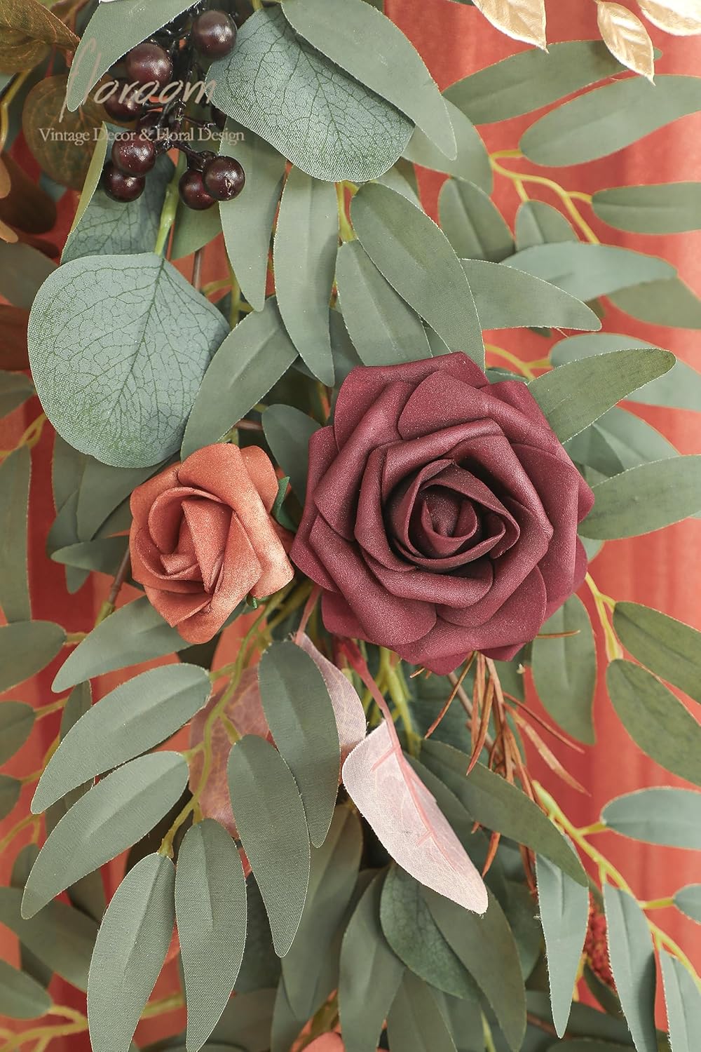 91iTDGw-Q6L._AC_SL1500_.jpg Floroom 6ft Artificial Eucalyptus Garland with Flowers Fake Greenery Burnt Orange Faux Floral Vine Garland for Table Decor Wedding Centerpieces Bridal Shower Party Decorations, Terracotta - Image 6