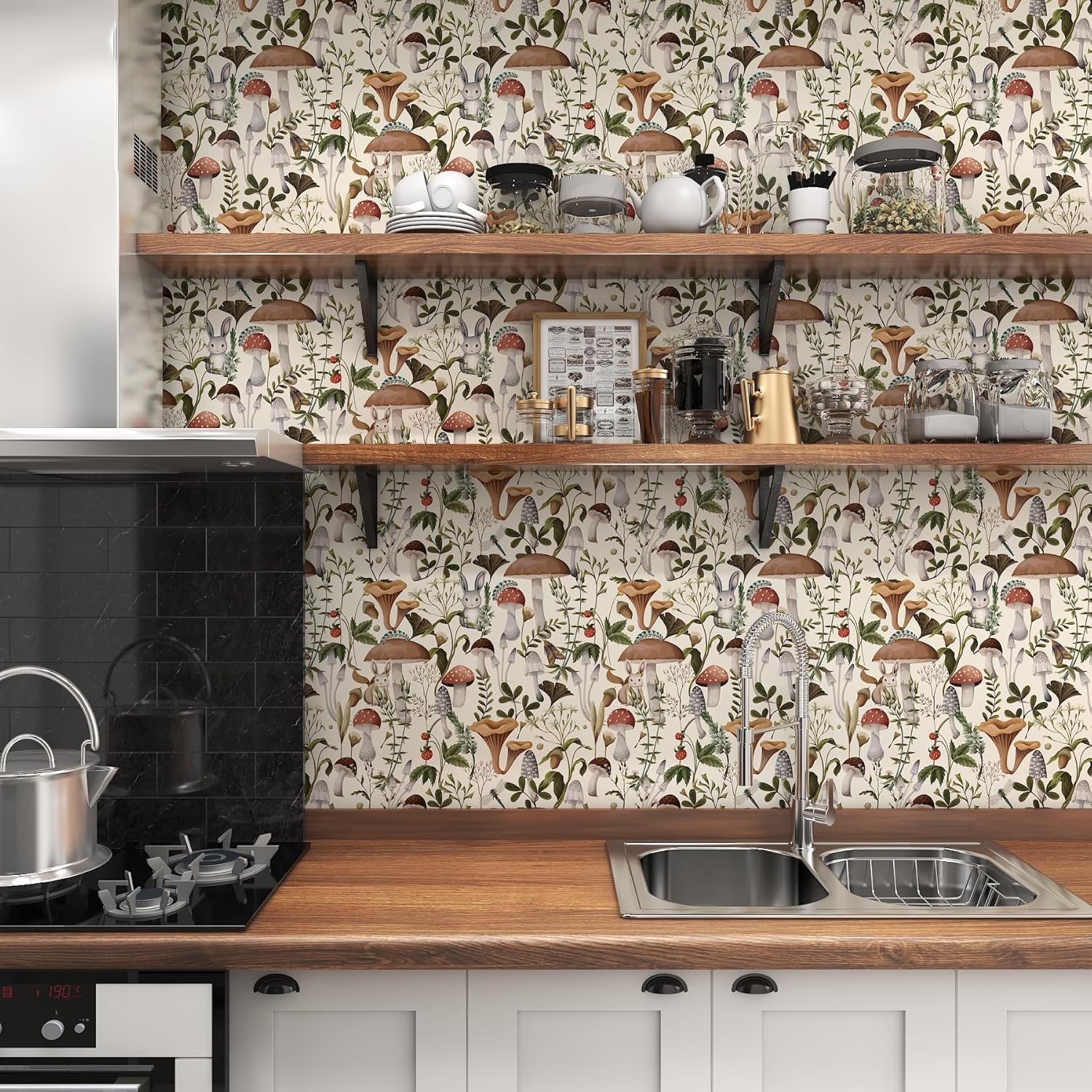91m2TP18CTL._AC_SL1500_.jpg Mushroom Wallpaper Peel and Stick Wallpaper Boho Wallpaper 17.7" x 393" Self Adhesive Wallpaper Removable Wallpaper Leaf Forest Wallpaper Mushroom Contact Paper for Countertops Cabinet Decor - Image 5