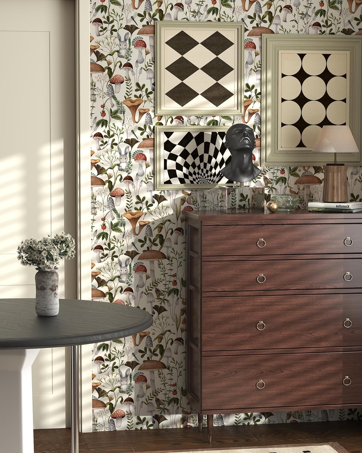 91oSDtnNDRL._AC_SL1500_.jpg Mushroom Wallpaper Peel and Stick Wallpaper Boho Wallpaper 17.7" x 393" Self Adhesive Wallpaper Removable Wallpaper Leaf Forest Wallpaper Mushroom Contact Paper for Countertops Cabinet Decor - Image 2