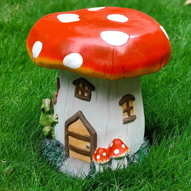 14''H Mushroom House Statue Outdoor Statues Garden Resin Stool Over Sized Sculpture Fairy Forest Pedestal Spring Decor for Home Courtyard Lawn Patio Summer Ornament Indoor Stool