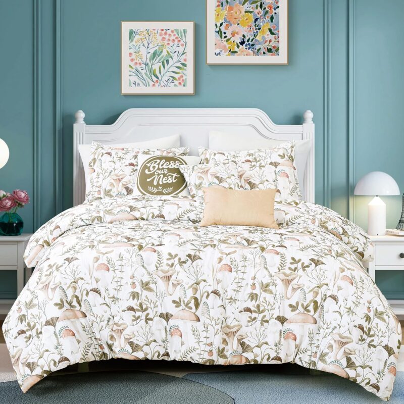 ESCA 6 Pieces Woodland Mushroom Comforter Set - Botanical Brown Bedding Set Queen Size