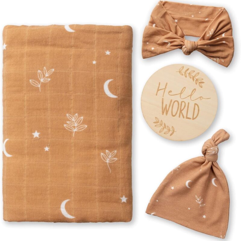 Miaoberry 100% Organic Cotton Baby Muslin Swaddle Blanket Set| Burnt Orange Boho Moon| Gender Neutral for Boys Girls|Moon Leaf| Hospital Newborn Receiving Blanket |Newborn Unisex