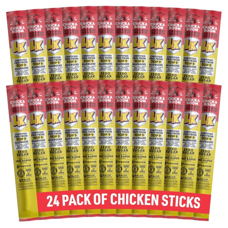Lorissa's Kitchen Premium Free Range Chicken Jerky Snack Sticks 24-Pack: Chicka Boom Chicken Flavor, 8g Protein, Certified Free from Top 9 Allergens, Gluten-Free, Non-GMO, Zero Sugar, Keto, Paleo