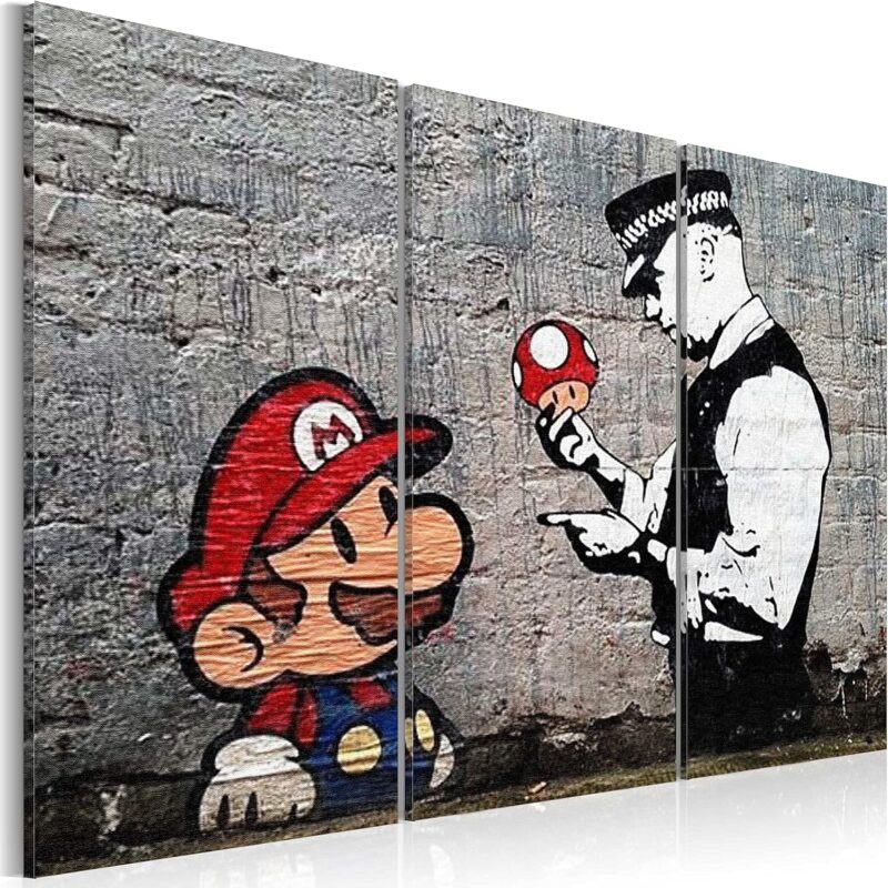 artgeist Textured Canvas Wall Art Banksy Super Mario Mushroom Cop 47x31 in - 3pcs Painting Canvas Prints Picture Artwork Image Framed Contemporary Street Art Graffiti h-B-0080-b-e