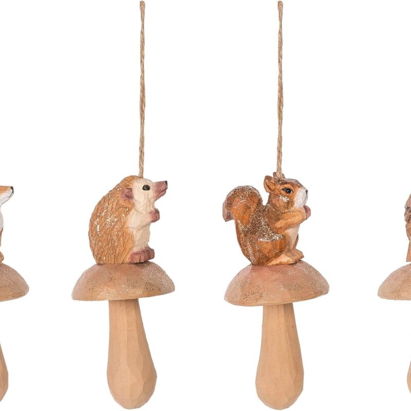 Gallerie II Wood Carved Mushroom Christmas Decor Decoration Ornament, Set of 4 Tan
