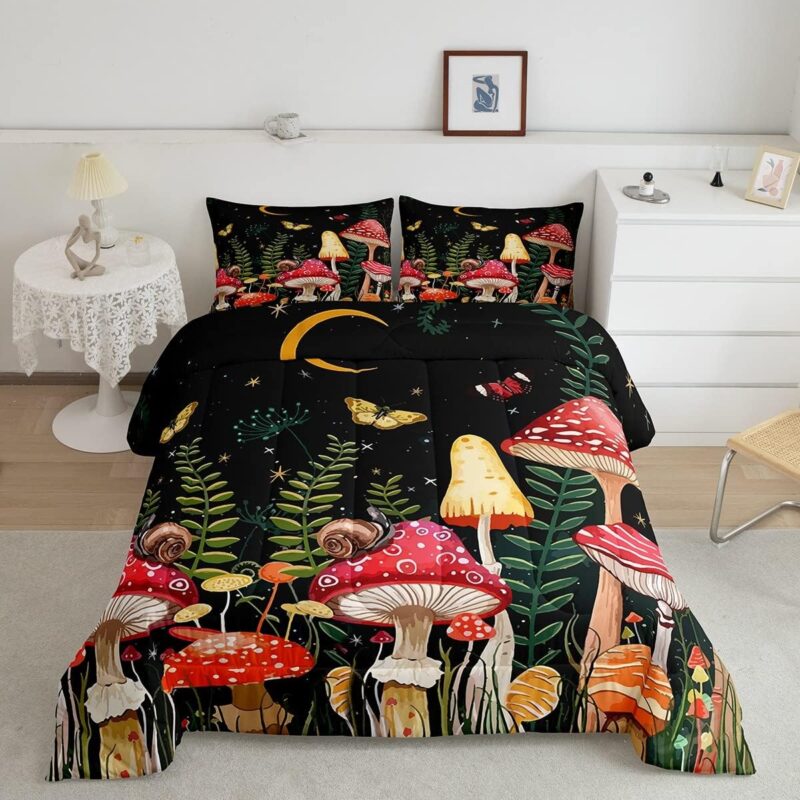 Feelyou Kids Mushroom Bedding Set Natural Wild Fungus Comforter Set for Kids Boys Girls Botanical Plants Duvet Set Butterfly Comforter 1 Comforter Set with 2 Pillowcases Full Size