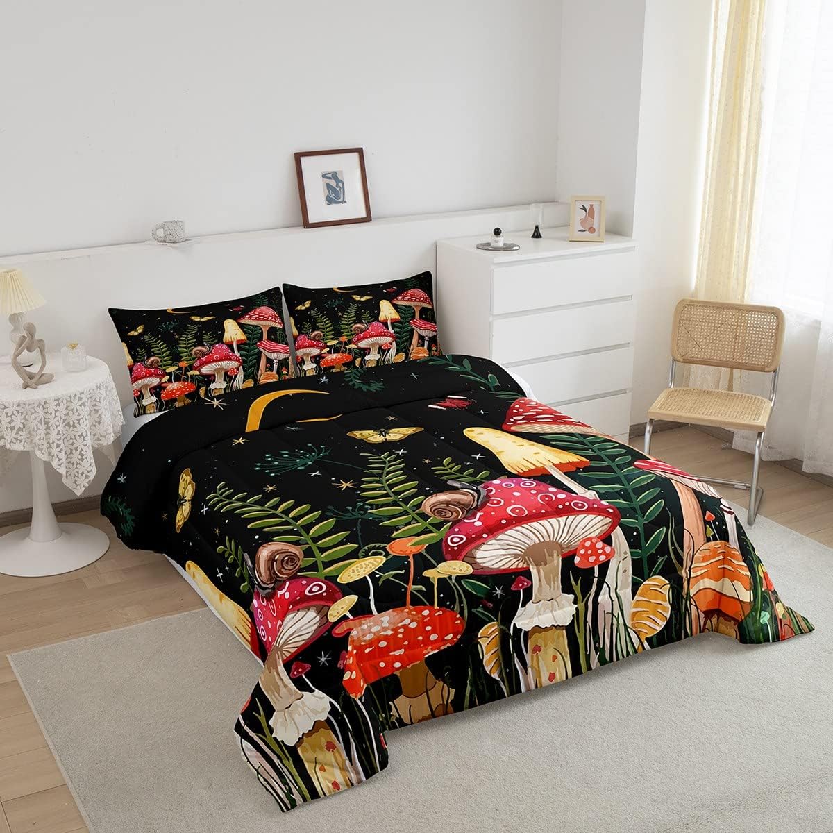 1741872229_71iwEfITIrL._AC_SL1200_.jpg Feelyou Kids Mushroom Bedding Set Natural Wild Fungus Comforter Set for Kids Boys Girls Botanical Plants Duvet Set Butterfly Comforter 1 Comforter Set with 2 Pillowcases Full Size - Image 2