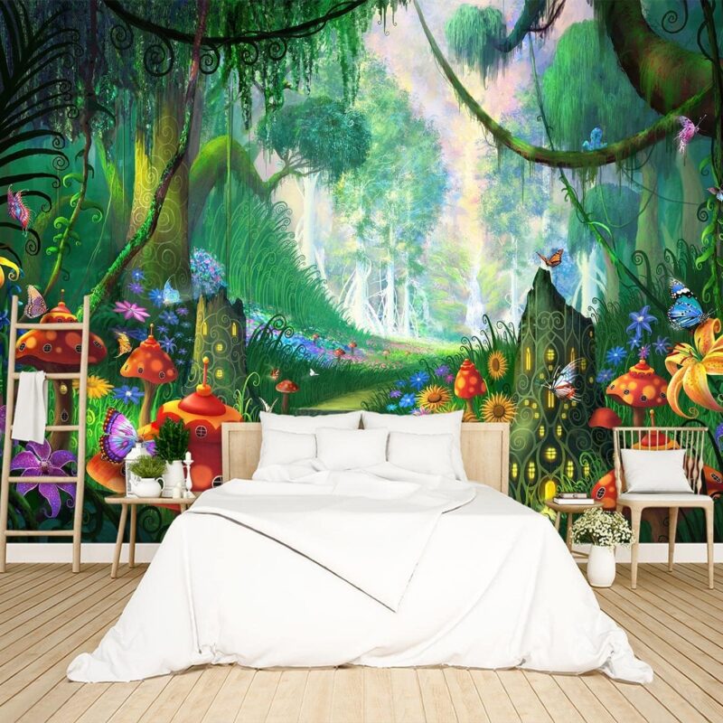 Enchanted Forest Backdrop Wallpaper Dream Tree Mushroom House murals Nursery Kids Bedroom Boys and Girls Room Decor Home Living Room Large Wall Mural - 160"x108" Not Peel and Stick