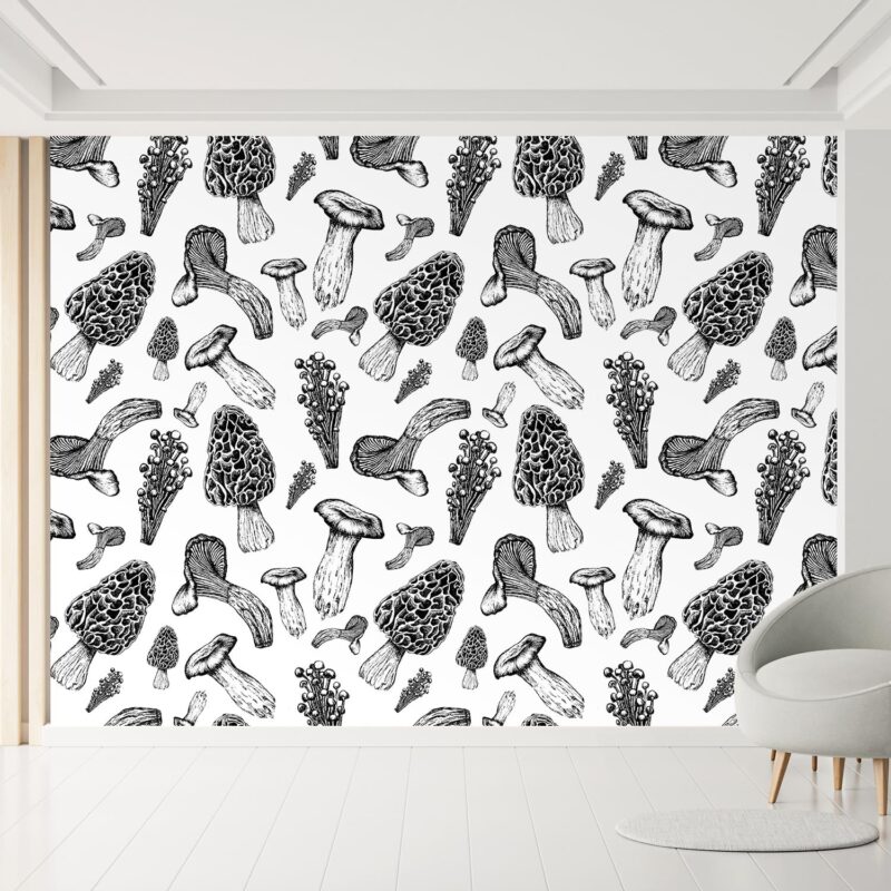 MUDECOR Wall Mural Black and White Mushroom Fungi Pattern for Nature-Inspired Removable Self-Adhesive Wallpaper Wall Decoration for Bedroom Living Room - 120"x192"