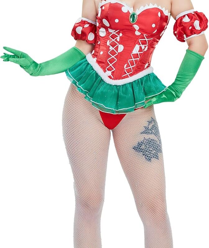 Women Sexy Princess Cosplay Set Mushroom Costume Ruffles Corset Top and Thong with Pantyhose and Gloves