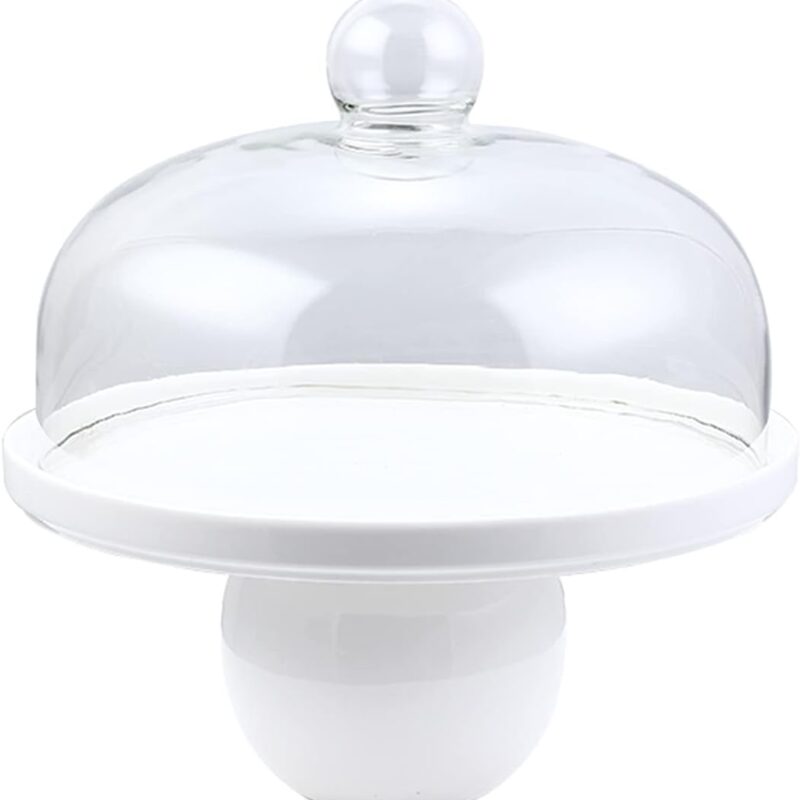 Mushroom Shaped Cake Box, White Ceramic Dessert Tray with Sturdy Base and Glass Dome, Reusable Pastry Display for Wedding Banquet, Easy to Clean(Size:24 * 24 * 25cm)