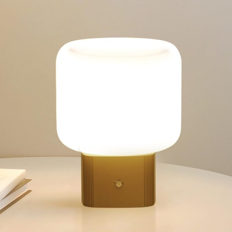 Mushroom Lamp Cordless Rechargeable Table Lamp, 5W Dimmable LED Ambient Lighting with Glass Shade, Vintage Retro Bedside Lamp for Nightstand Decor, 3 Color Temps Touch Light