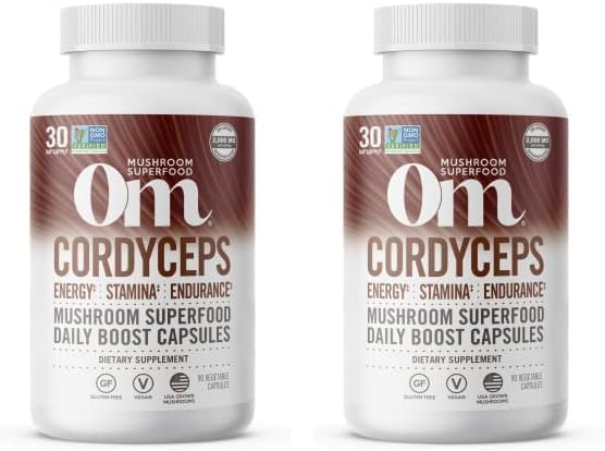 Om Mushroom Superfood Cordyceps Mushroom Capsules Superfood Supplement, 90 Count, 30 Days, Energy, Power, Stamina and Endurance Support, Superfood Supplement for Sports Performance (Pack of 2)