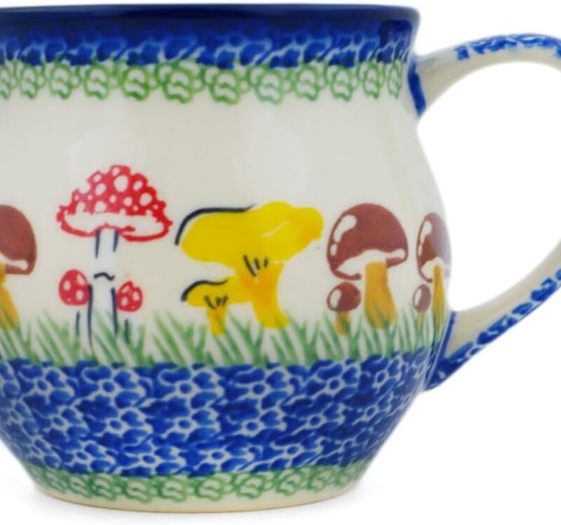 Authentic Polish Pottery Bubble Mug 13 oz in Wild Mushroom Picking Design Handmade in Bolesławiec Poland by Ceramika Nina + Certificate of Authenticity