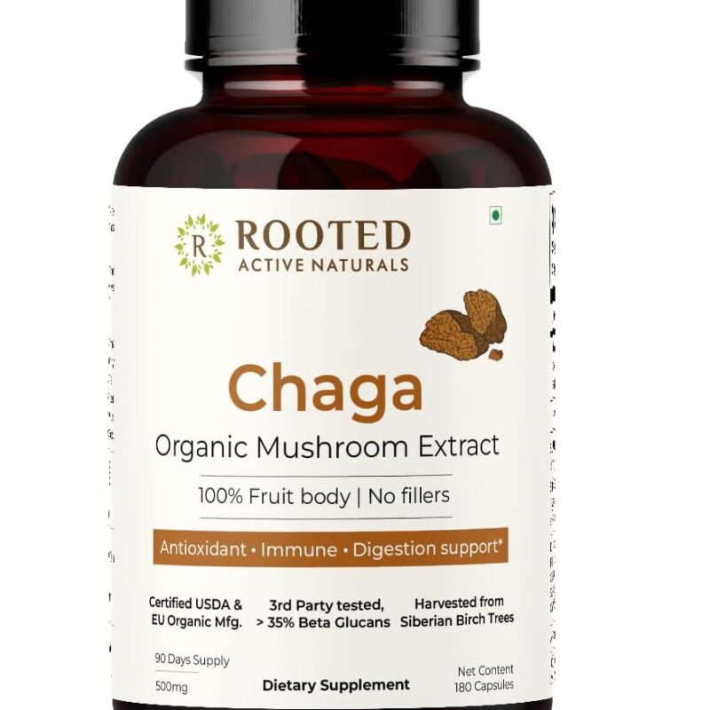 ROOTED Actives, Siberian Chaga Mushroom Extract, Certified Organic| 35% Beta Glucans - Lab Verified | Antioxidant & Vitality Support (180 Capsules)