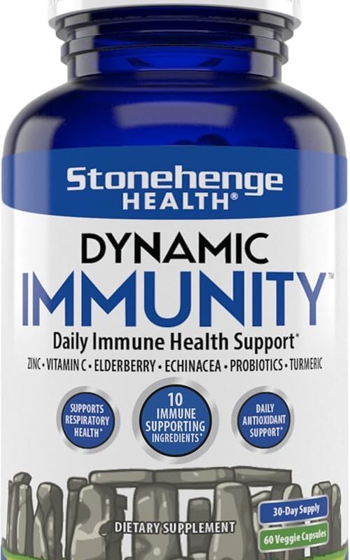 Stonehenge Health Dynamic Immunity Daily Supplement 10-in-1 Immune Boosters Zinc, Elderberry, Echinacea, Vitamin C & Probiotic L. Acidophilus – Supports Immune System & Respiratory Health, 60 Capsules