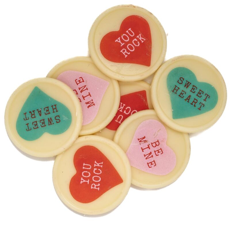 Valentines Cupcake Toppers, OliveNation White Chocolate Valentines Candy Toppers, Printed Edible Message Hearts Chocolate Medallions - 168 ct.