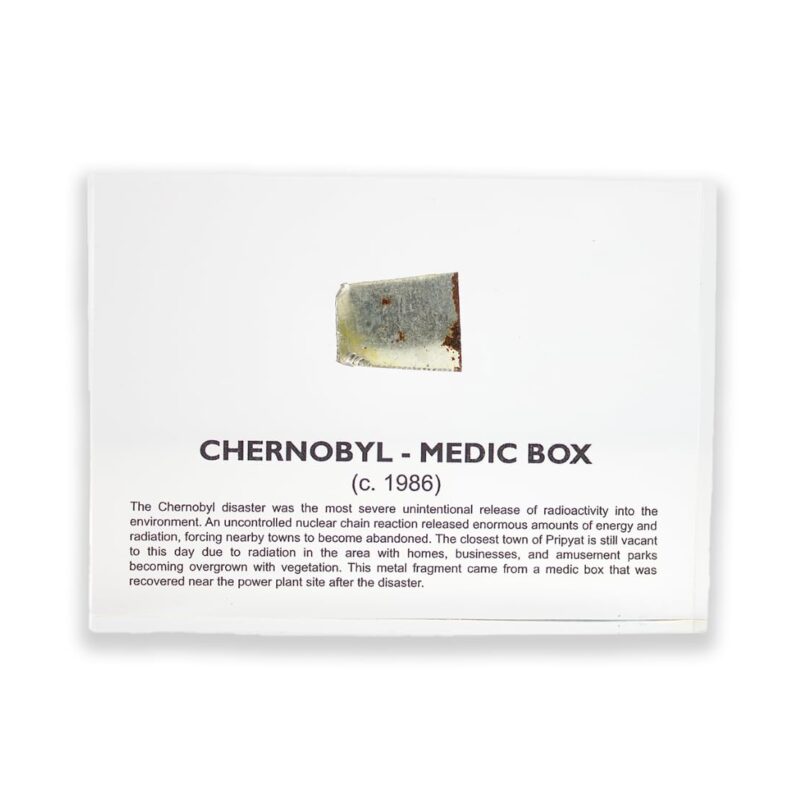 Chernobyl Medic Box Fragment, Authentic Piece Recovered Near Power Plant Site, Encased in Crystal-Clear Lucite Acrylic, Handmade in The USA, Unique Nuclear Relic, for Display or Education Purposes