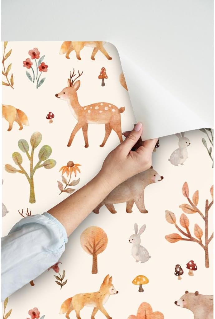 51z-1S6PfSL._AC_SL1024_.jpg Spoonflower Peel & Stick Wallpaper 6ft x 2ft - Watercolor Nursery Whimsical Woodland Animals Baby Deer Fox Bear Bunny Mushroom Flowers Hand Drawn Custom Removable Wallpaper - Image 3