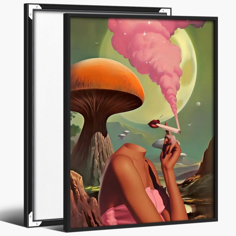 70s Art Vintage Surreal Canvas Wall Art Egoless Trendy Abstract Aesthetic Room Decor Retro Mushroom Moon Woman Poster Prints Wall Decor Picture Living Room Bedroom Bathroom 16x24in Black Framed
