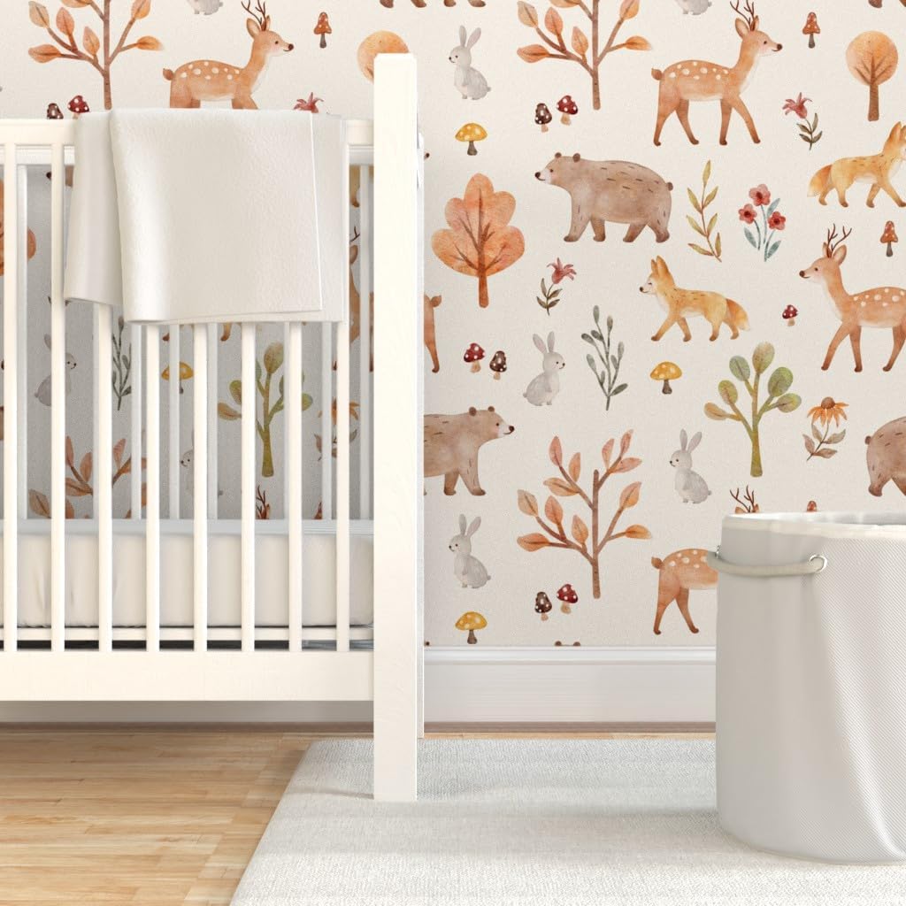 61-etHAueL._AC_SL1024_.jpg Spoonflower Peel & Stick Wallpaper 6ft x 2ft - Watercolor Nursery Whimsical Woodland Animals Baby Deer Fox Bear Bunny Mushroom Flowers Hand Drawn Custom Removable Wallpaper - Image 6